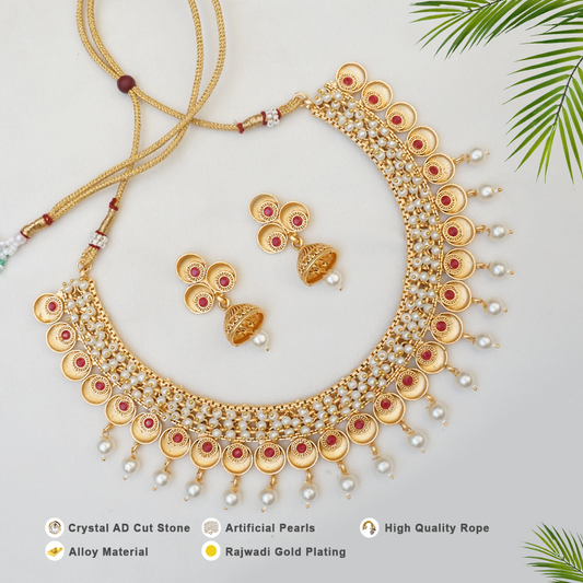 Rajwadi short necklace set with matching earrings and intricate detailing, perfect for special occasions