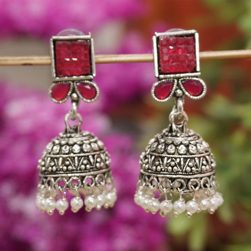 Oxide Plating Maroon Jhumka Earring