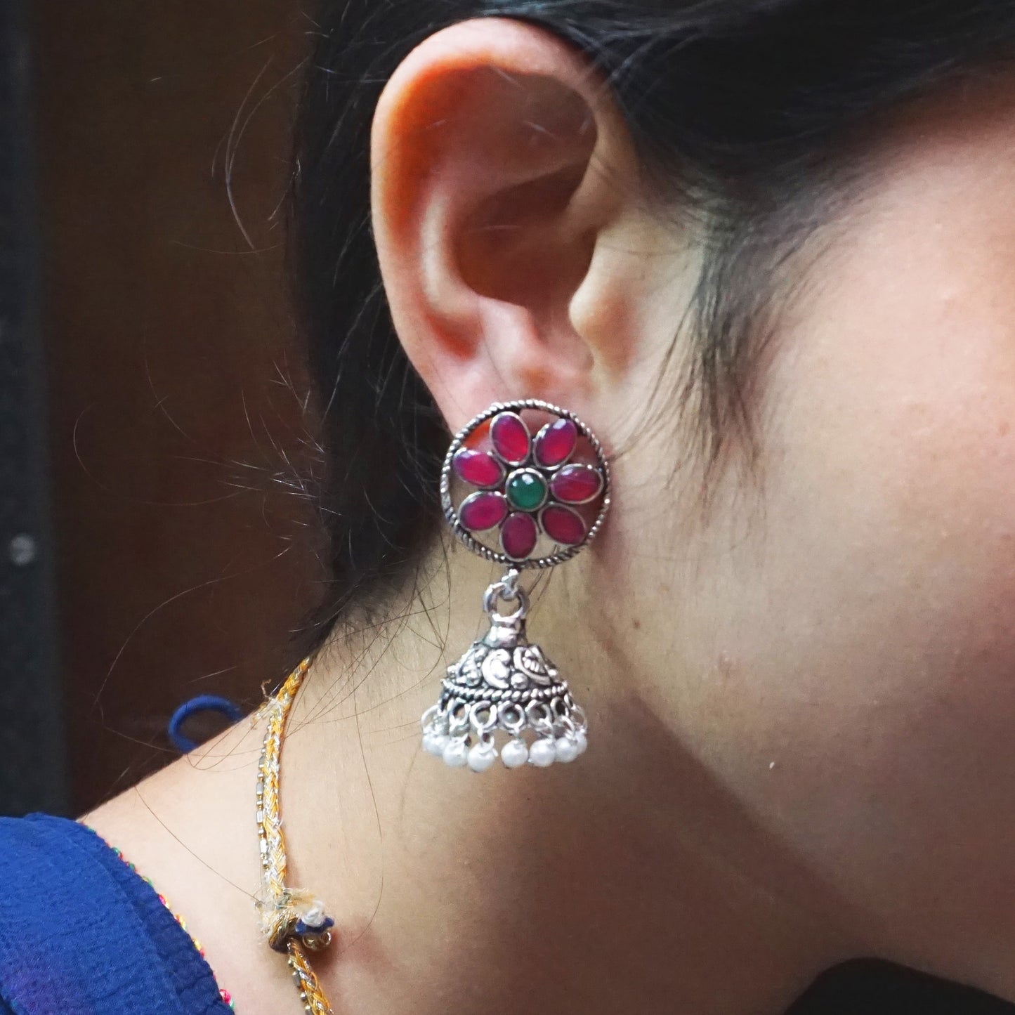 Silver Oxidized Flower Design Jhumka