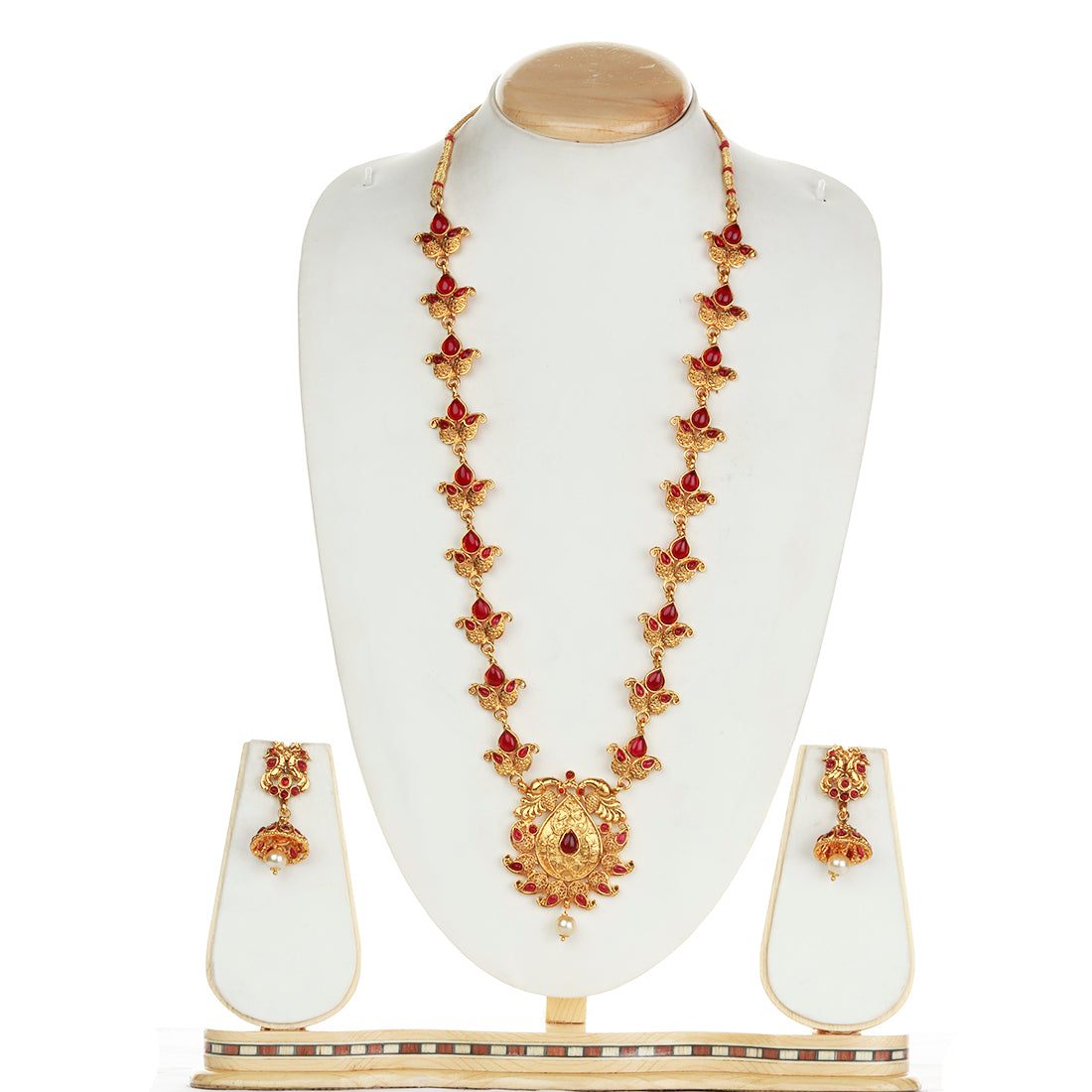 Peacock Design Drop Shape Maroon Color Long Necklace Set