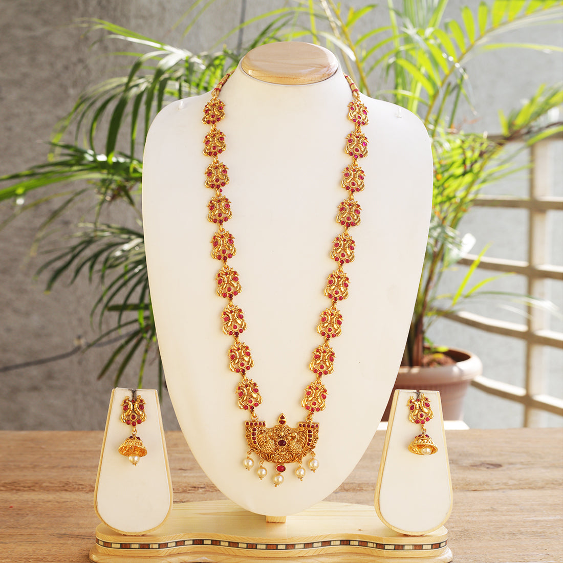 Catchy Peacock Design Maroon Color Long Necklace Set Look Ethnic