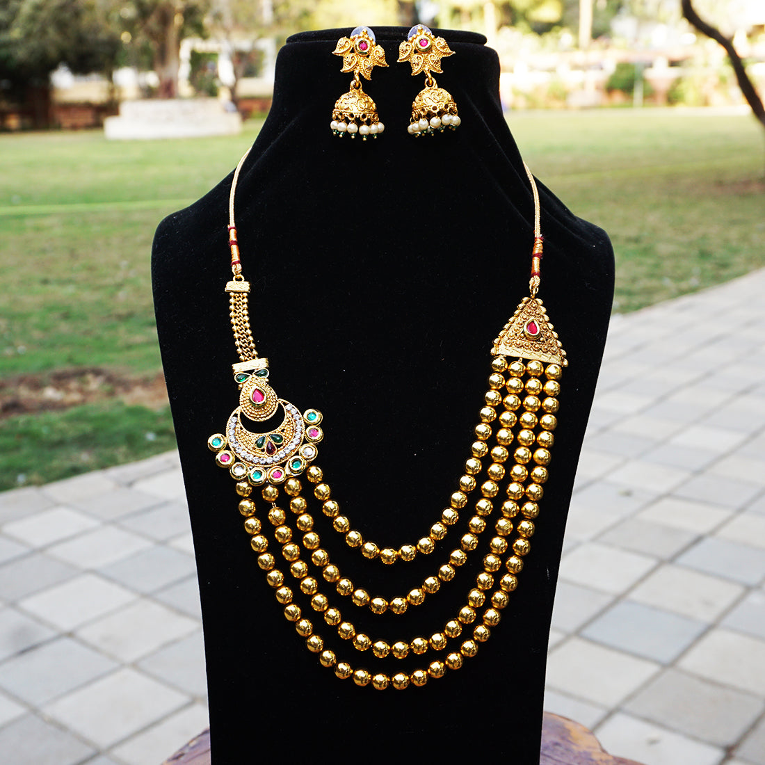 Beautiful 4 Layer Mala Green Maroon Round Shape Kundan Long Necklace Set