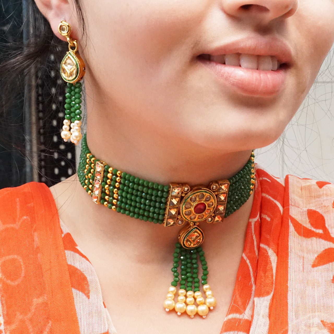 Real Crystal Choker Necklace Set – Look Ethnic - Main Image