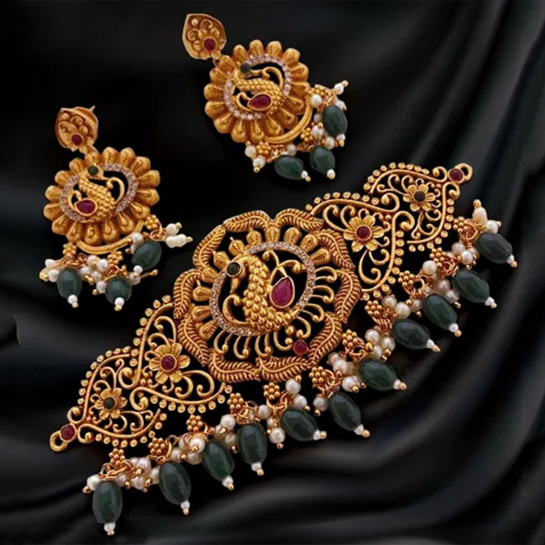 Choker Gold Plated Peacock Style Necklace With Earring