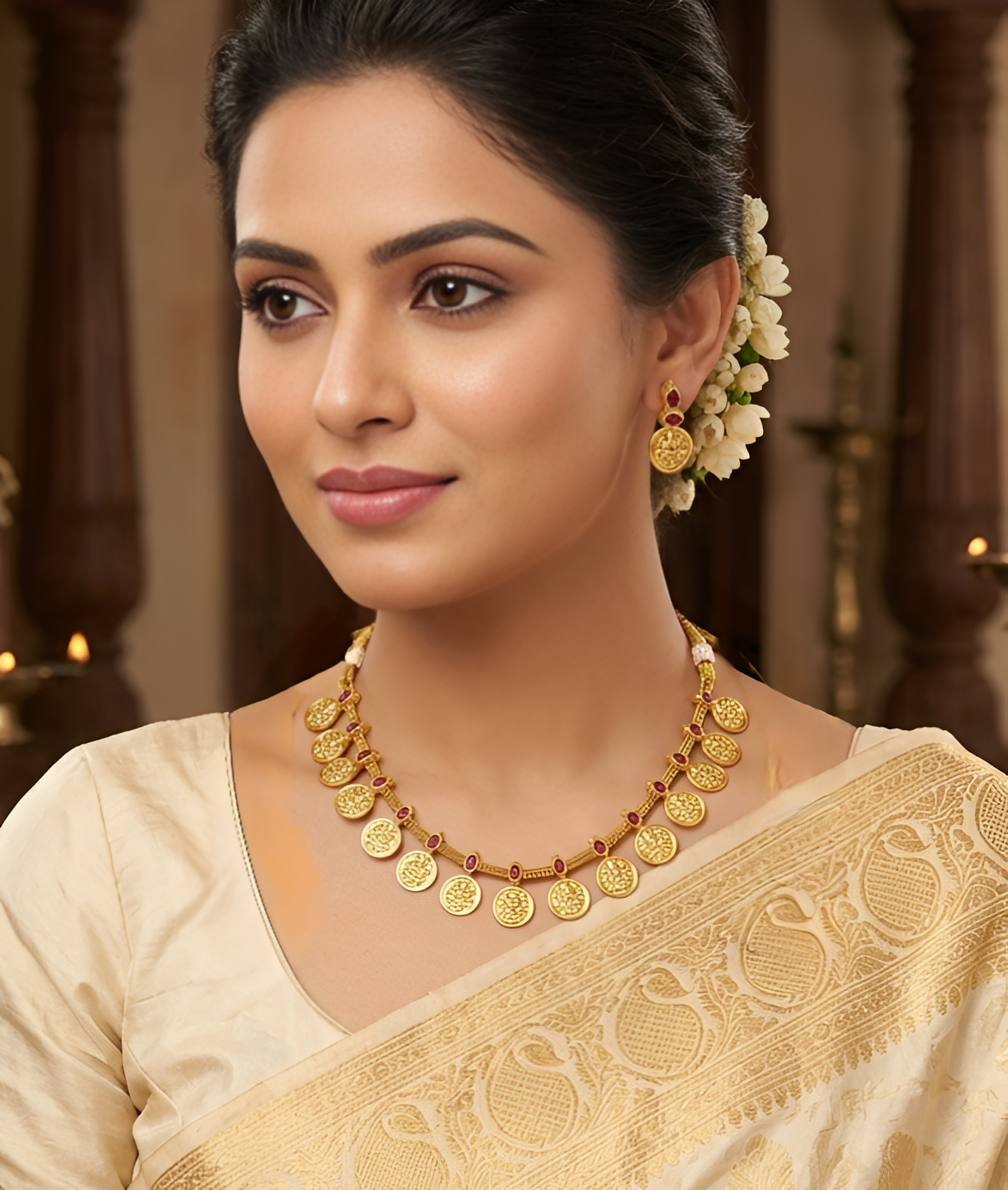 Laxmi Coin Maroon Short Necklace Set
