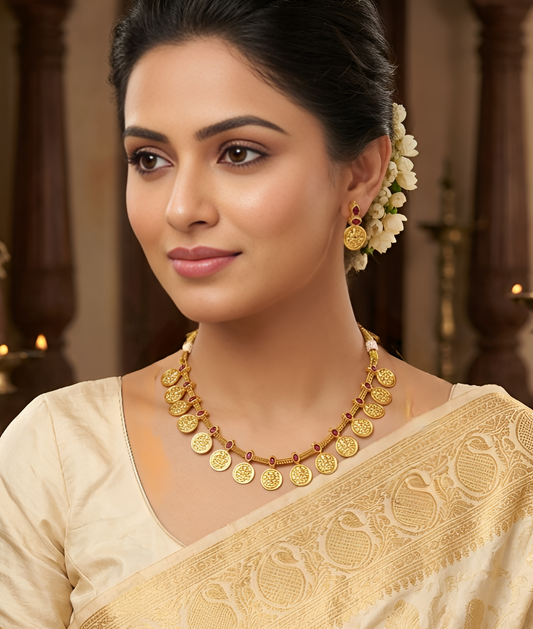 Laxmi Coin Maroon Short Necklace Set