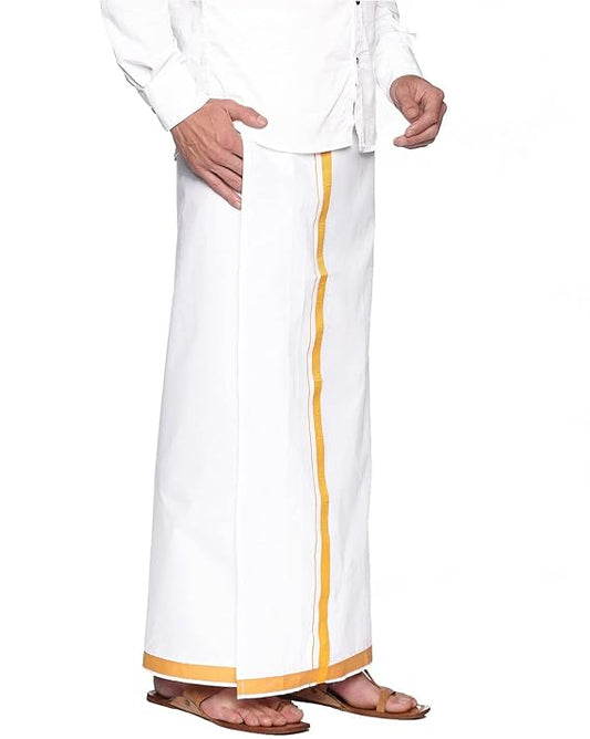 This Men's Cotton Special Quality Velcro Dhoti/Jari Border Pocket Vesti is the perfect combination of style and comfort.