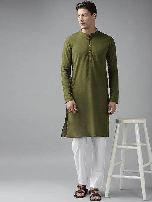 This fashionable Men Kurta is made from 100% Cotton, with a Mandarin Neck and Full Sleeves for maximum comfort.