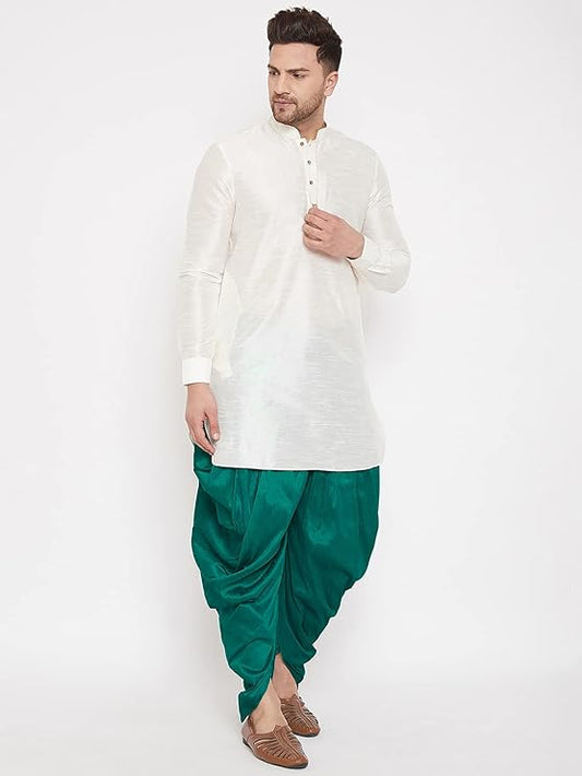 This dapper cowl dhoti is crafted from a luxurious blend of dhupion silk and features a stylish cowl pattern vibrant green dhoti exudes class and sophistication.