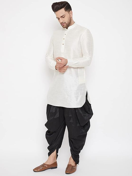Feel fashionably chic wearing this stylish cowl pattern dhoti for men made with a silk blend fabric.
