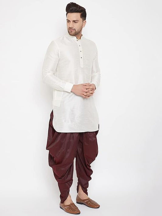 The deep wine colour, stylish cowl pattern and dhupion fabric make it the perfect garment for special occasions.