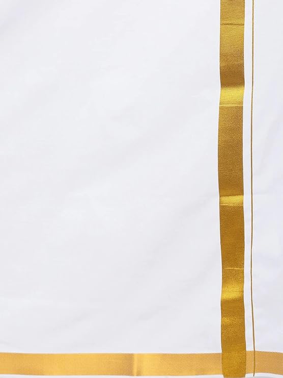 raditional Dhoti is crafted from pure cotton fabric and features a striking gold jari border, creating an elegant look perfect for any formal occasion.