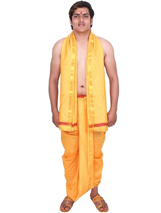 Crafted with care from high-quality art silk, this set gives you the perfect resplendent look.