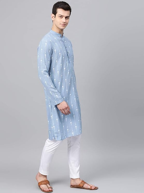 This Blue Printed Straight Kurta is crafted from soft, breathable fabric and features subtle floral prints. Men kurta