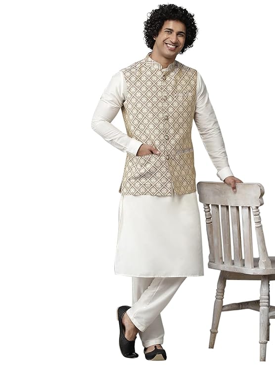 Perfect for formal occasions, it will keep you looking sharp and fashionable.white and gold woven jacquard fabric detailed design Nehru jacket