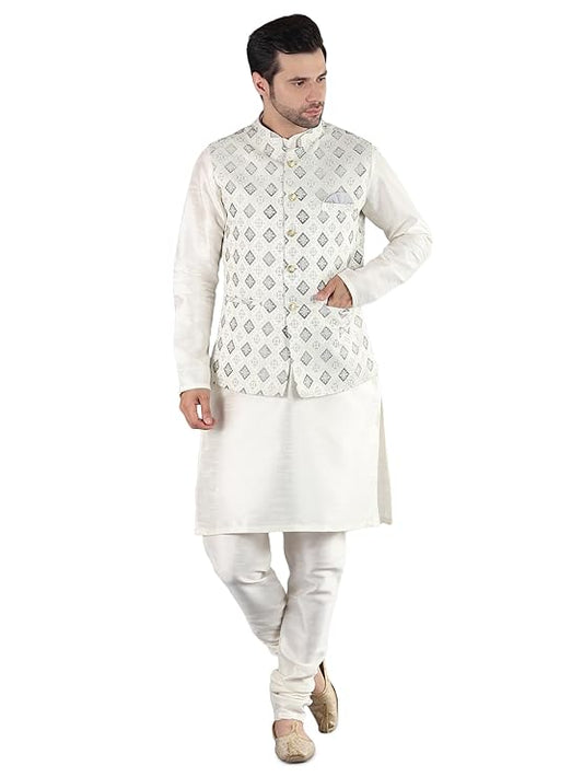 Silk Blend Kurta Pajama set features a Nehru Designer Ethnic Jacket for a luxurious look. he set features a button closure for ease of wear.