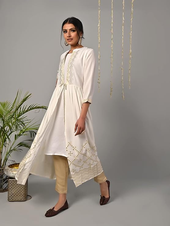 Women's Rayon Kurti is crafted from 100% rayon for superior softness, and features a Mandarin Neck, regular sleeves, and a calf length for a stylish look.