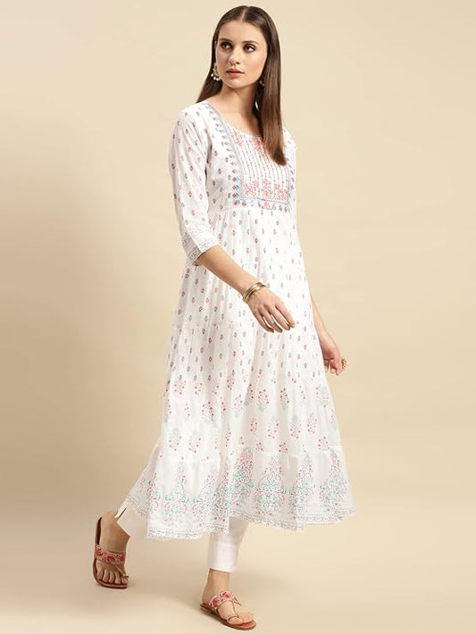 Women's Cotton Anarkali Kurti is crafted with 100% cotton for a naturally breathable and comfortable garment.