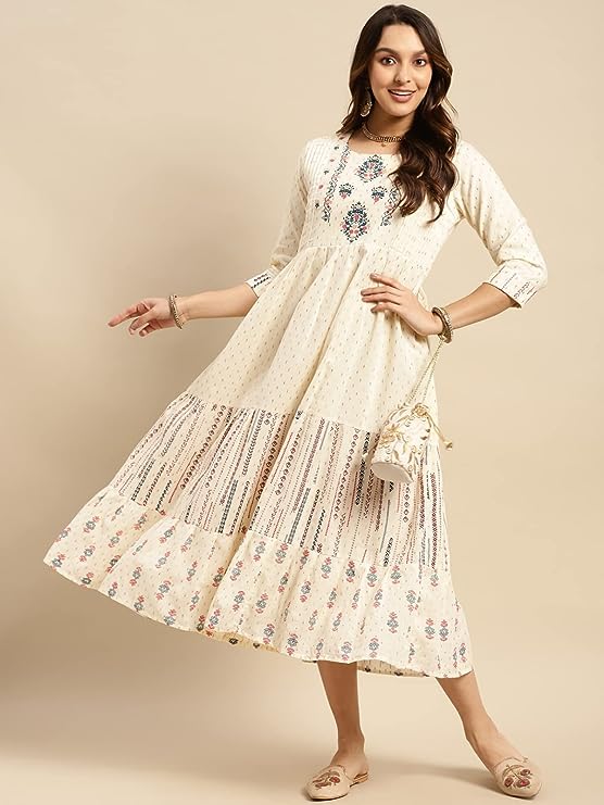 Women Cotton Anarkali Kurti is crafted to perfection. It features 3/4th sleeves, calf length with a round neck and striking embroidery.  Kurta