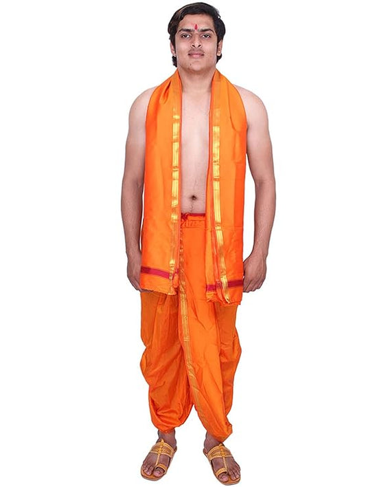 The ready-to-wear design fits free size and is perfect for traditional functions. traditional Dhoti