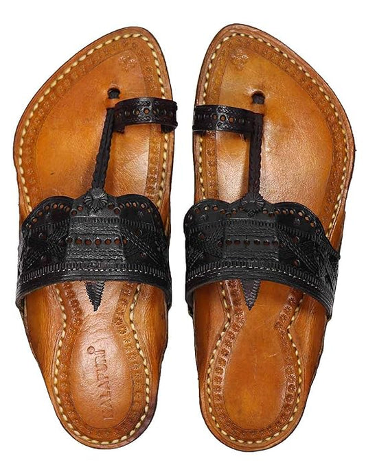 mens Kolhapuri chappals feature genuine leather and a yellow Kapashi base with a black upper colour, providing a unique look and comfortable fit