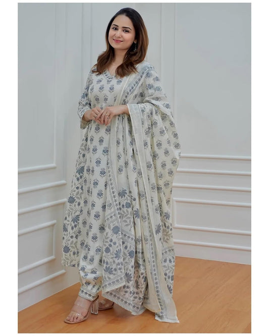 This hand-block printed kurta and palazzo pant set is a beautiful addition to any wardrobe.Anarkali Kurta Palazoo With Dupatta