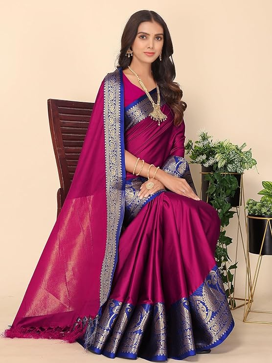 Beautiful Banarasi saree is crafted from an exquisite blend of Acquard cotton silk and golden zari woven border.