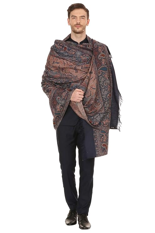This men's stole is crafted from high-quality faux pashmina wool, with a classic Jamawar pattern for a stylish and timeless look.