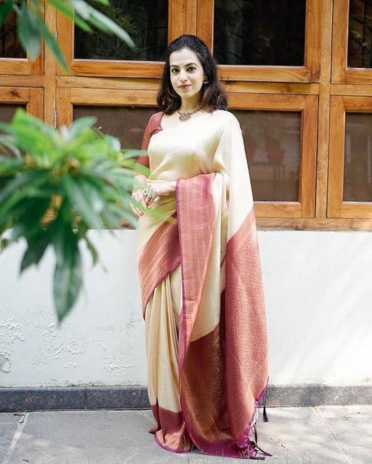 Smooth Kanjeevaram Pure Silk Zari Saree is a classic traditional piece crafted in India's South, perfect for brides and special occasions. 5.40 Meter