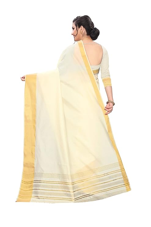 This elegant saree is crafted from a blend of cotton and polyester, with a golden zari border.