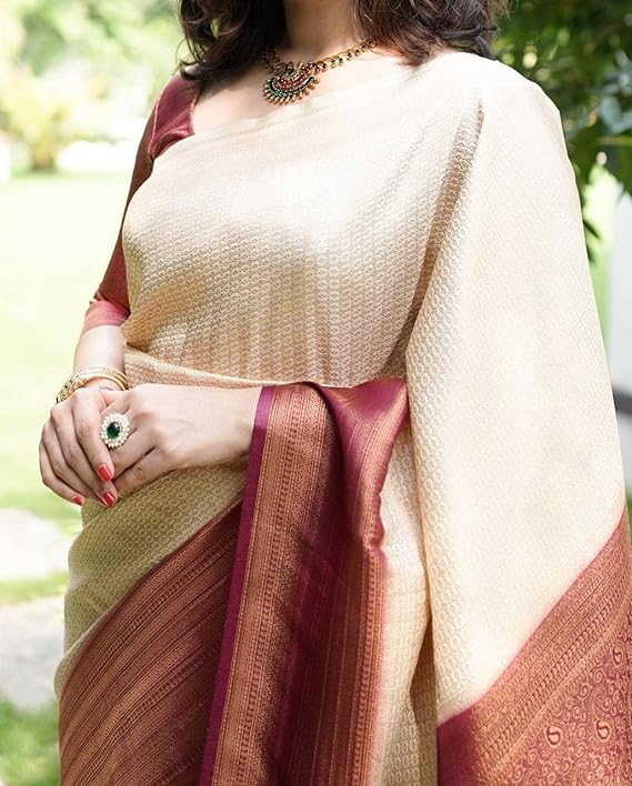 Smooth Kanjeevaram Pure Silk Zari Saree is a classic traditional piece crafted in India's South, perfect for brides and special occasions. 5.40 Meter