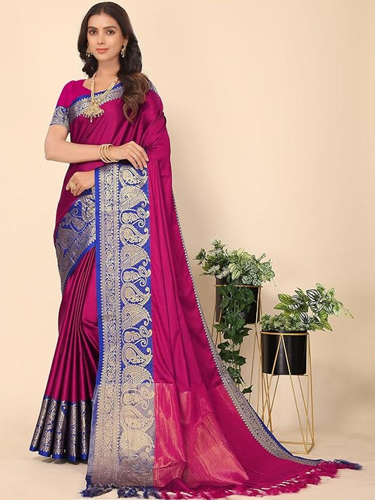 Beautiful Banarasi saree is crafted from an exquisite blend of Acquard cotton silk and golden zari woven border.