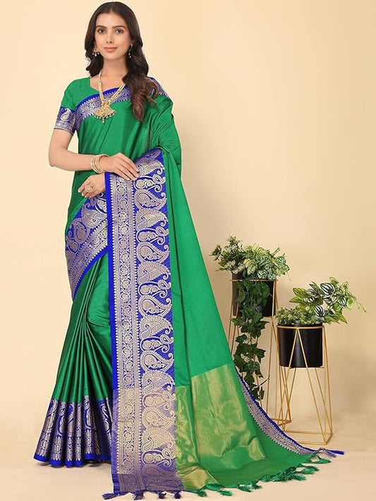 Handmade Jacquard Cotton Silk Blend Banarasi Saree is perfect for special occasions. The woven Zari border makes it extra special.