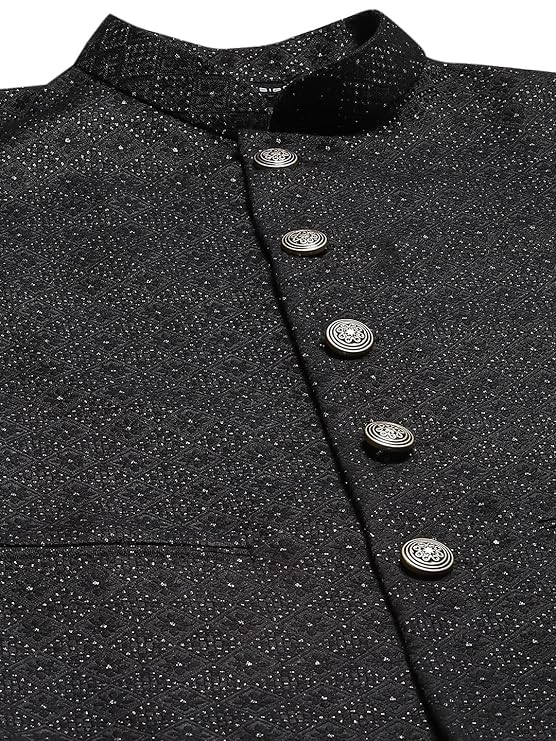 Crafted from lightweight wool blend, this timeless piece adds a touch of luxury to any wardrobe.black and white jacquard weaveNehru jacket