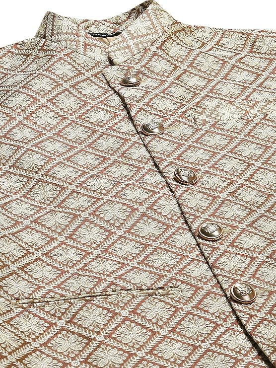 Perfect for formal occasions, it will keep you looking sharp and fashionable.white and gold woven jacquard fabric detailed design Nehru jacket
