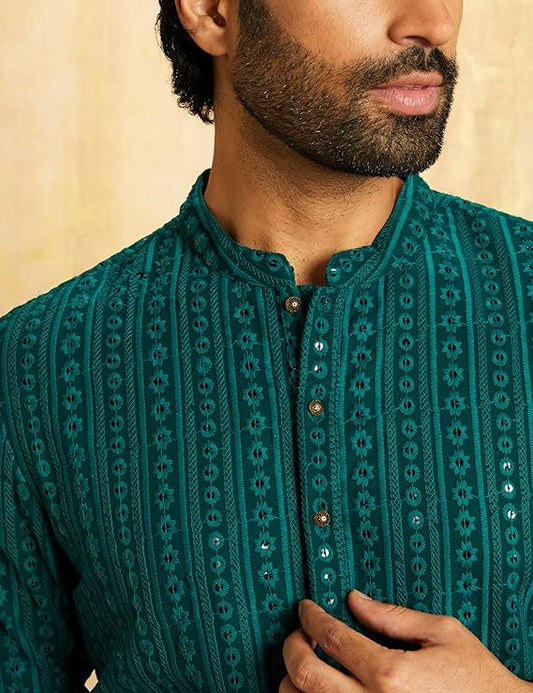 Men's Festive Chikankari Long Kurta (Lined)