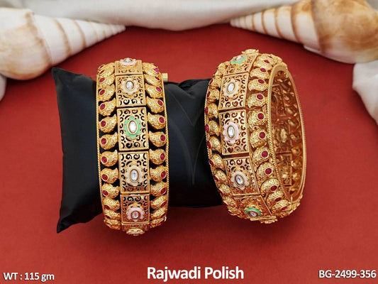 Indulge in timeless elegance with our Antique Jewellery Rajwadi Polish Fancy Design Full Stone Party Wear 2 Bangles Set