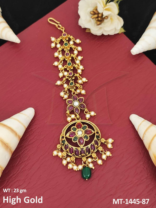 Clusterpearls Designer Party Wear High Gold Polish Antique Maang Tikka