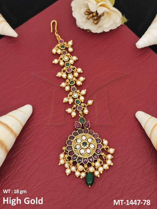 Antique Designer Wear High Gold Polish Clusterpearls Antique Maang Tikka