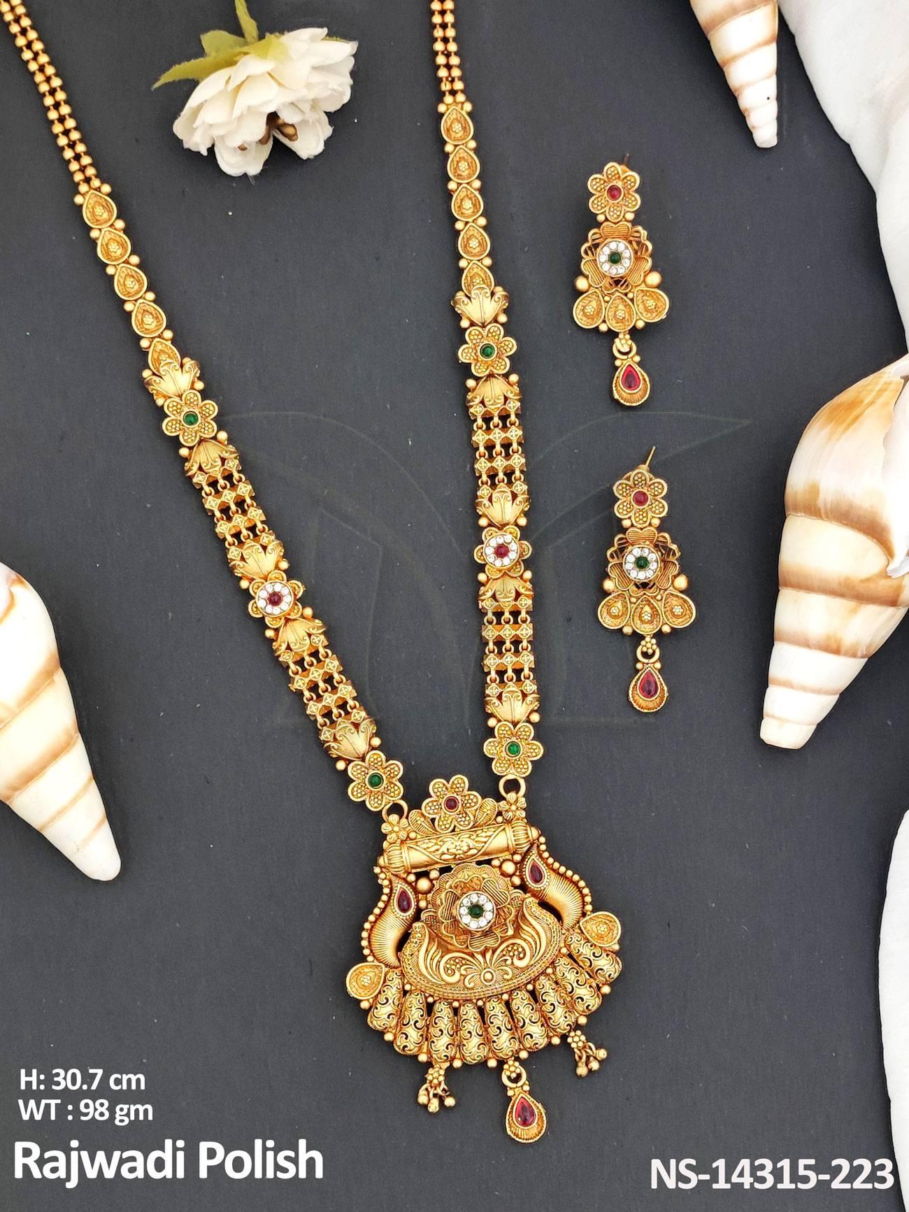 This exquisite Antique Jewellery Designer Rajwadi Polish Party Wear Long Necklace Set is crafted with expert precision and adorned with intricate designs.
