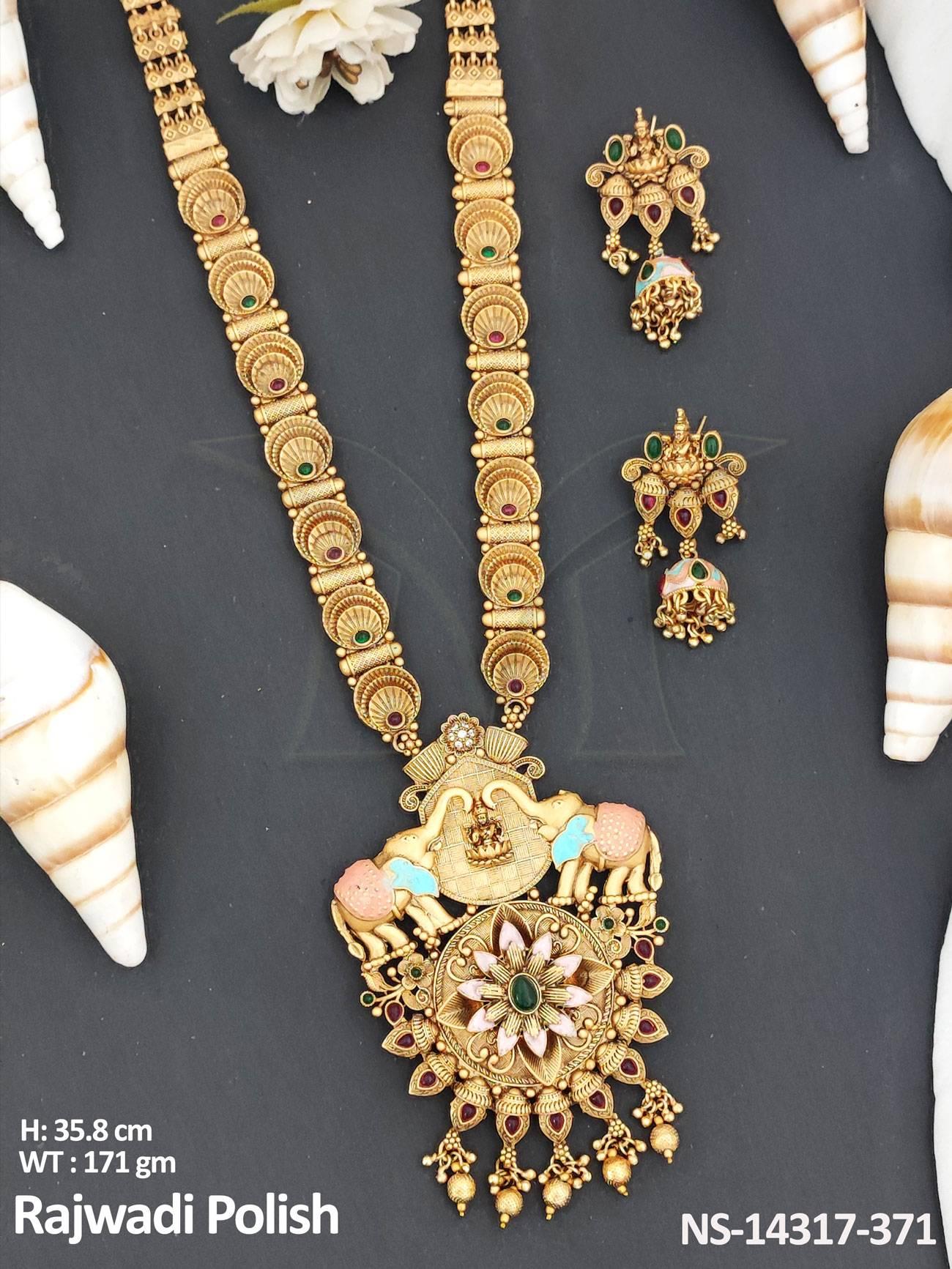 This designer antique necklace set features a Rajwadi polish and full stone embellishments, perfect for adding a touch of elegance to any party outfit.