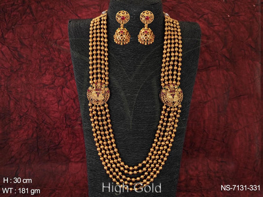 Elevate your style with our ANTIQUE HIGH GOLD POLISH ETHNIC BEADED 5 Layer LONG NECKLACE