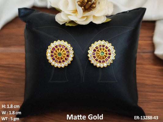 Introducing our Fancy Designer Wear Flower Design Matte Gold Polish Kemp Tops Studs Earrings.