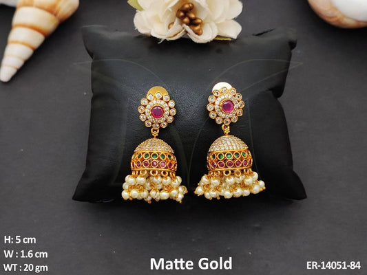 Make a statement with our Designer Matte Gold Kemp Jhumka Earrings.