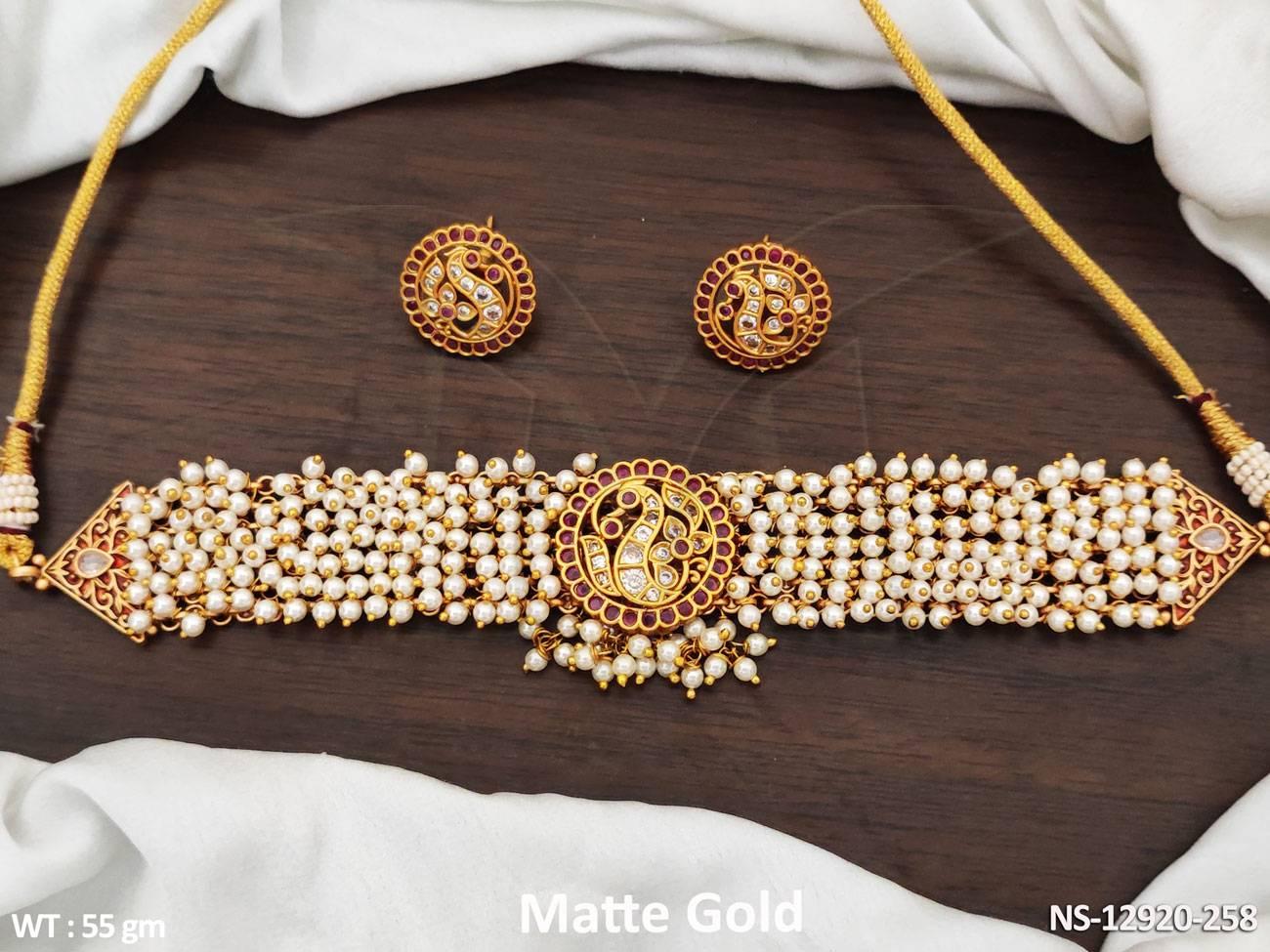 Matte Gold Polish Designer Party Wear Kemp Choker Necklace Set