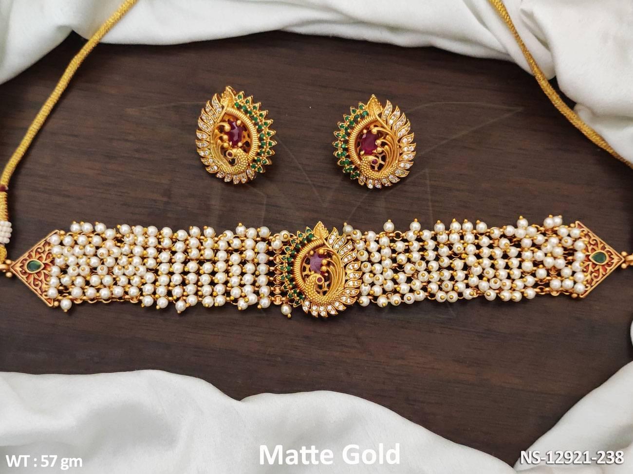 Beautiful Peacock Design Matte Gold Polish Kemp Choker Necklace Set