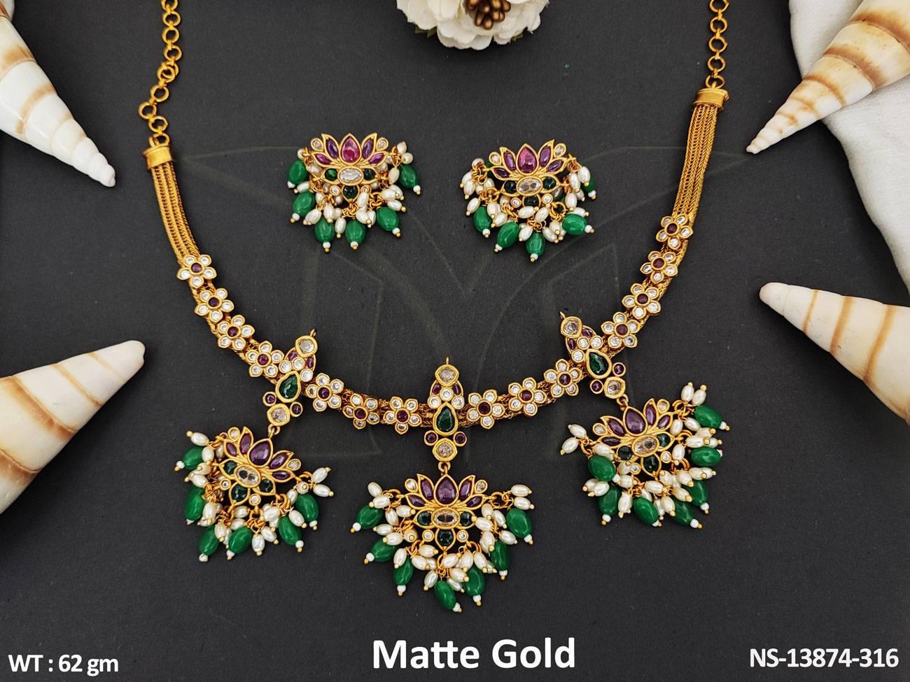 The necklace set is sure to make a statement with its stylish, timeless aesthetic.