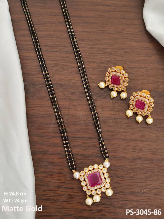gorgeous Party Wear Pendant Set features a stunning matte gold finish, complete with encrusted stones for added elegance.