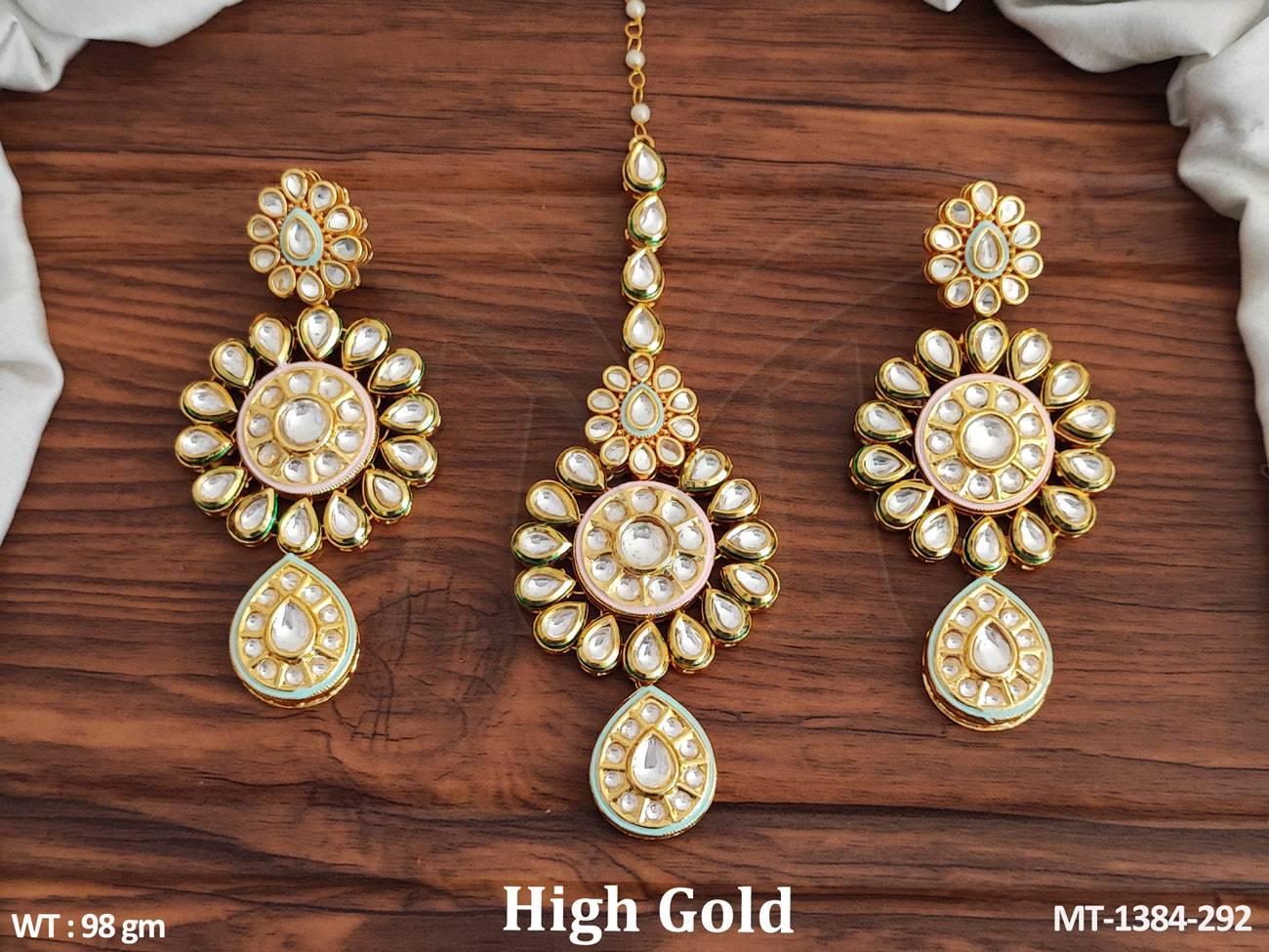This fancy design kundan maang tikka with earrings set is crafted with high-quality brass metal and is elegantly polished with high gold.