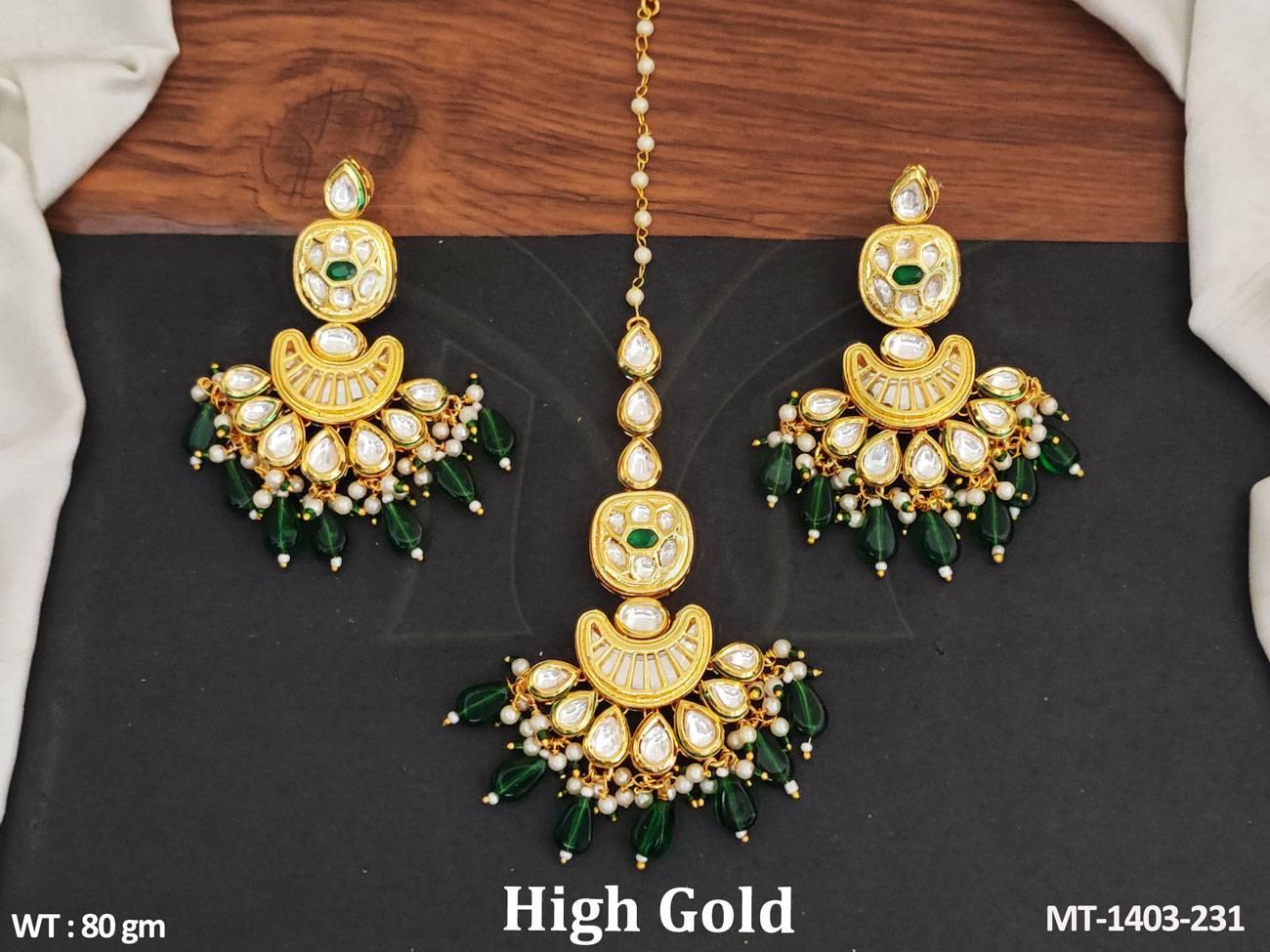 Enhance your traditional look with our High Gold Polish Kundan Maang Tikka featuring exquisite Kundan Stones and a fancy design.